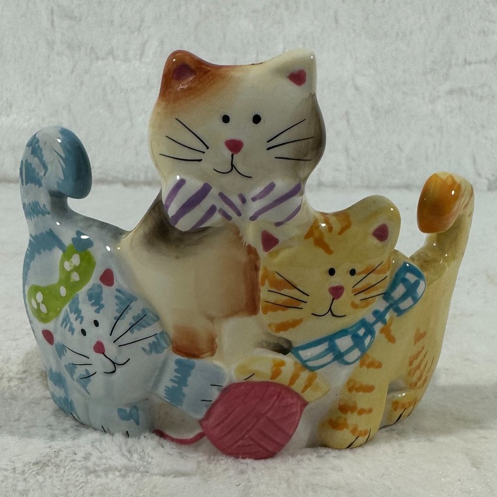Vintage Pillar Candle Holder Three Cats Ceramic 3.5" Whimsical